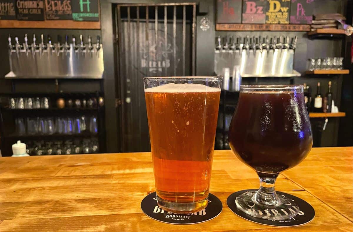 Beer Lab by Ghostface Brewing at the bar with 2 beers