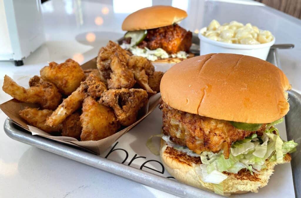 Milkbread Restaurant in Davidson NC Original Chicken Sandwich and crispy cauliflower