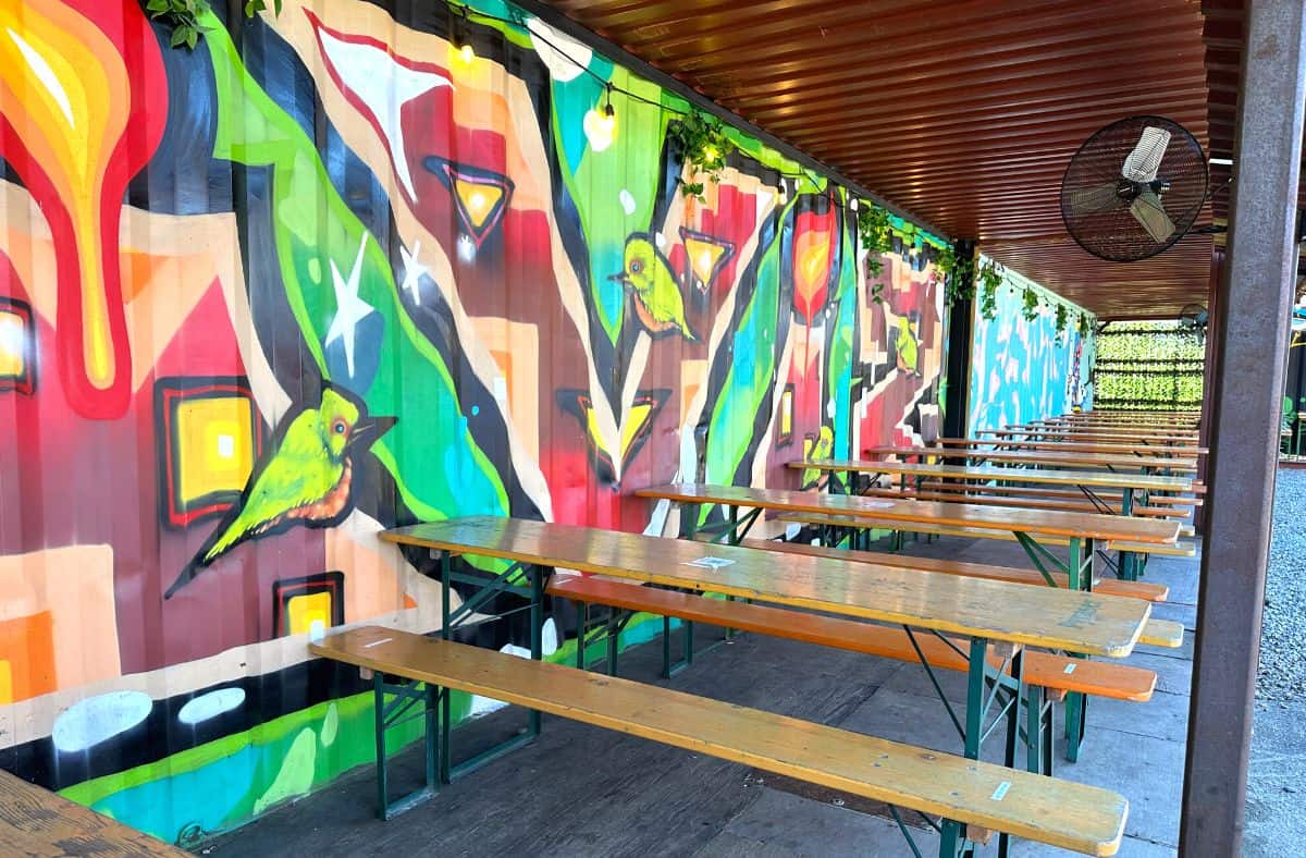 Hi-Wire Outdoor Seating with lots of fun murals