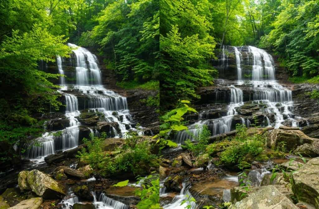 two side by side photos of Pearson's Falls