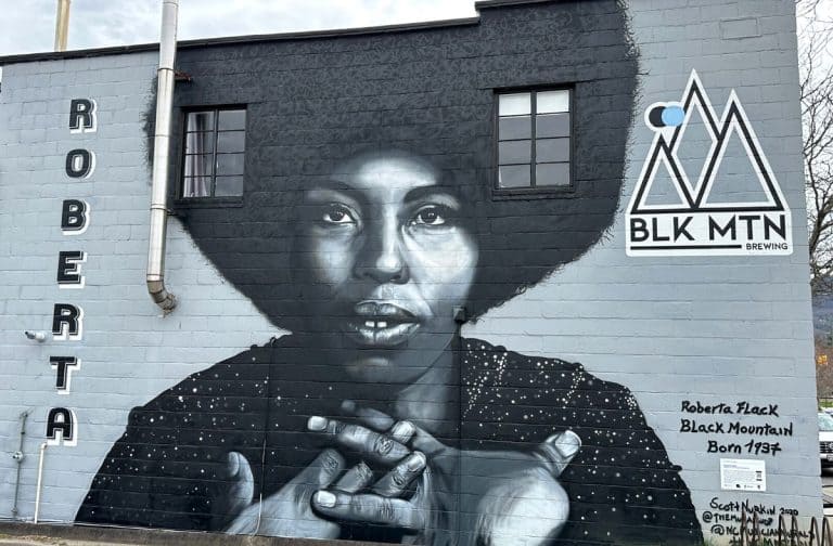 Mural on the side of the Black Mountain Brewing of Roberta Flack who was born in Black Mountain NC