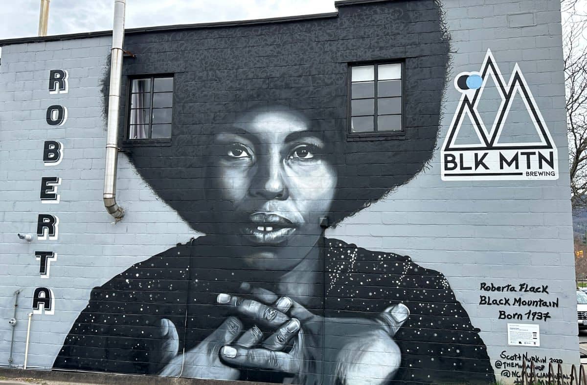 Mural on the side of the Black Mountain Brewing of Roberta Flack who was born in Black Mountain NC