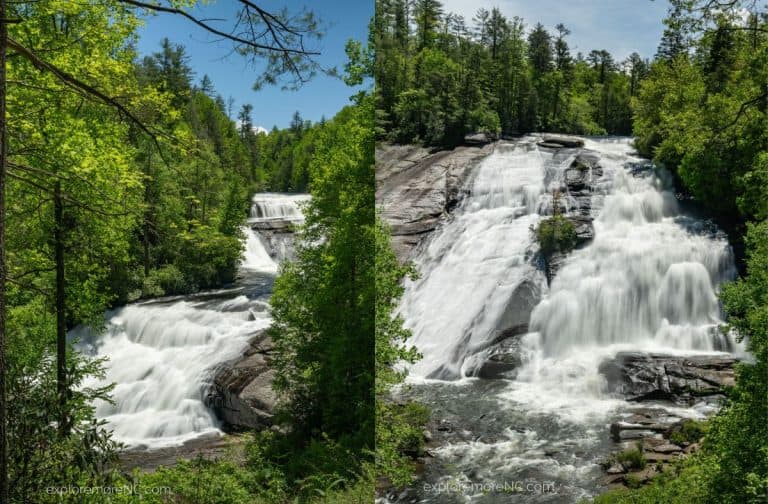 Two waterfalls in the image, on the left is triple falls and on the right is high falls in DuPont State Forest