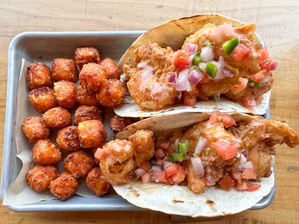 Street Corn Shrimp Tacos from Foragers Canteen