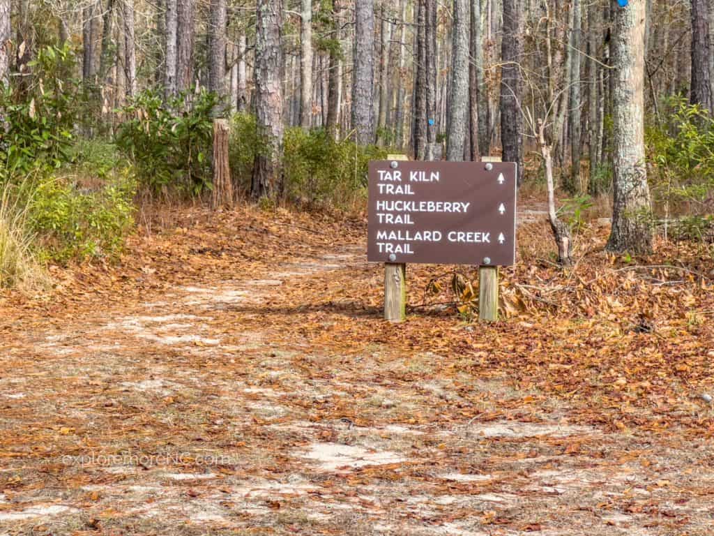 Sign at Goose Creek State Park for Hiking for Tar Kiln, Huckleberry and Mallard Creek Traila