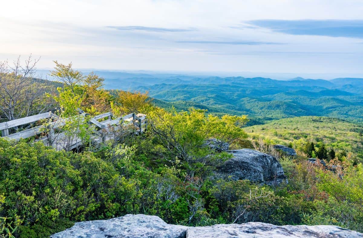 Rough Ridge Hiking Trail at the Summit with a boardwalk in the background and mountain peaks in the distance
