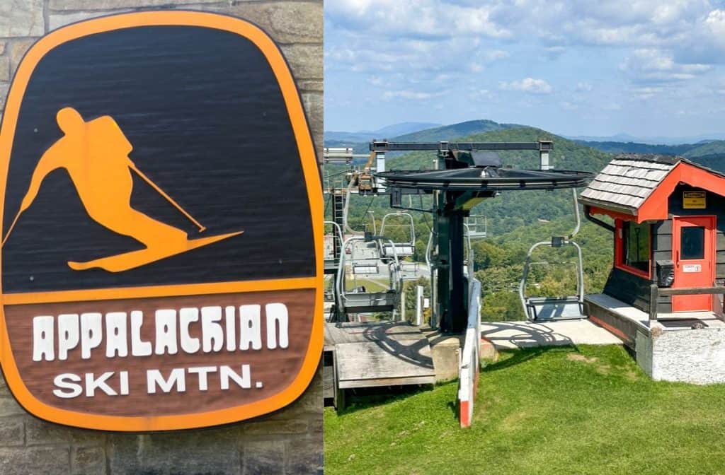 Sign for Appalachian Ski Mountain and a view of the ski lift station with rolling green hills in the background.