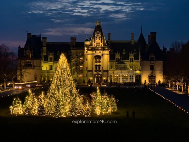 A stunning view of the Biltmore Estate at night with a large Christmas tree illuminated by twinkling lights in the foreground.