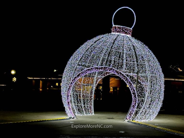 Giant illuminated ornament at Forest City Christmas Lights display in North Carolina.